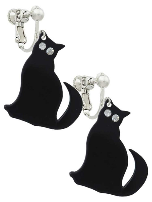 Acrylic Sitting Black Cat with Crystal Eyes Clip On Earrings