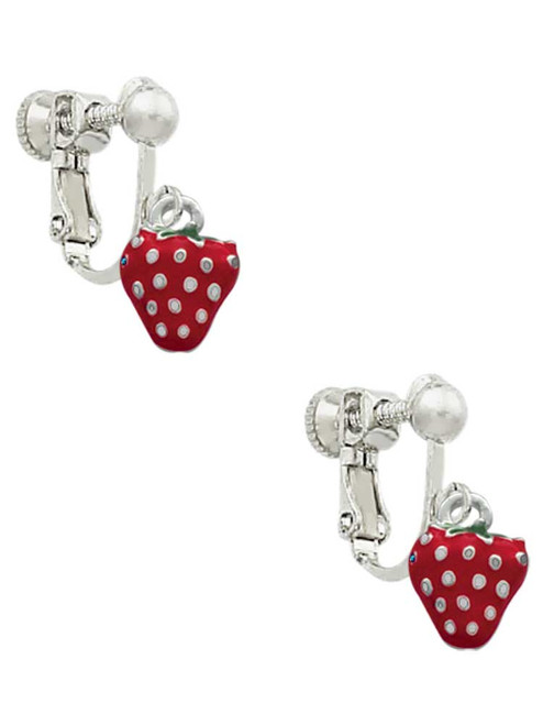 Mini 2-D Enamel Strawberry Clip On Earrings