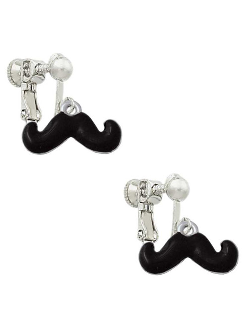 Small Black Enamel Mustache Clip On Earrings