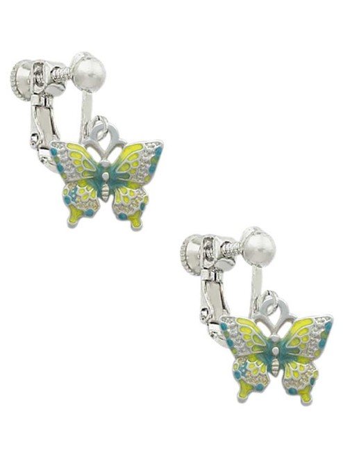 Small Lime Green & Blue Butterfly Clip On Earrings