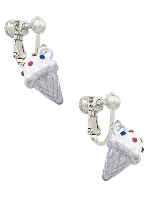 3-D Vanilla Ice Cream Cone with Crystal Sprinkles Clip On Earrings