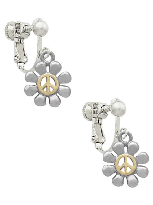 Small Daisy with Gold Tone Peace Sign Clip On Earrings