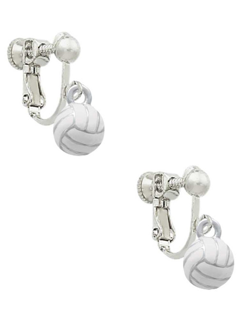 3-D White Volleyball Clip On Earrings