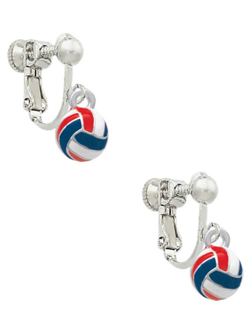 3-D Red White & Blue Volleyball Clip On Earrings