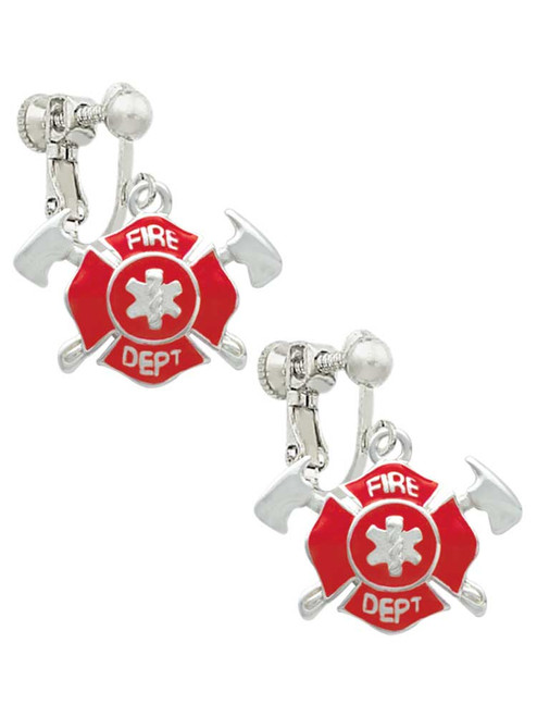 Red Fire Department Shield with Axes Clip On Earrings