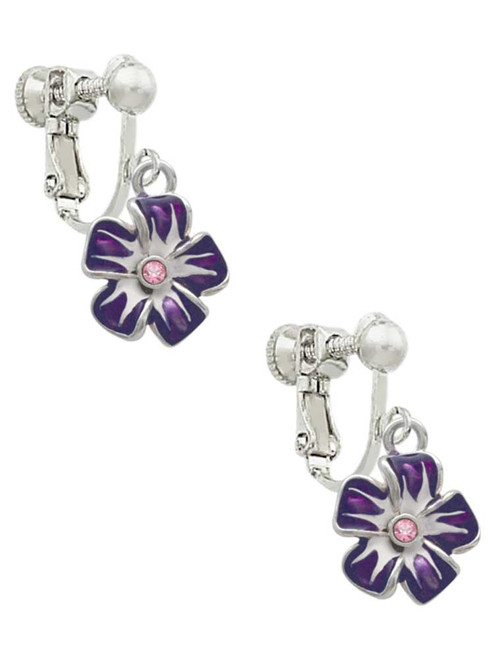 Purple and White African Violet Flower with Pink Crystal Clip On Earrings