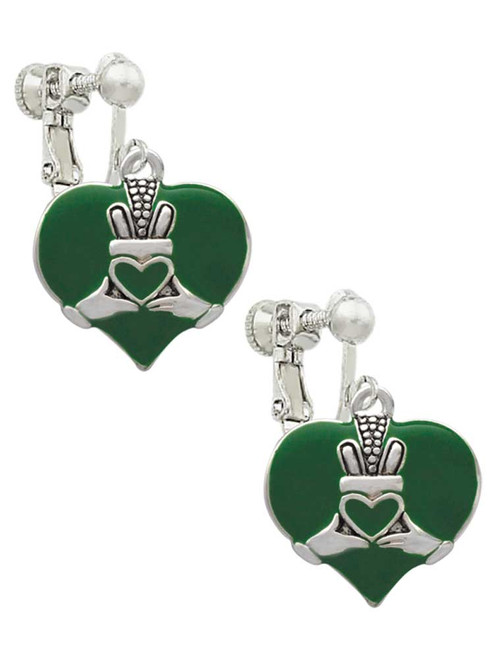 Large 2-D Claddagh on Green Heart Clip On Earrings