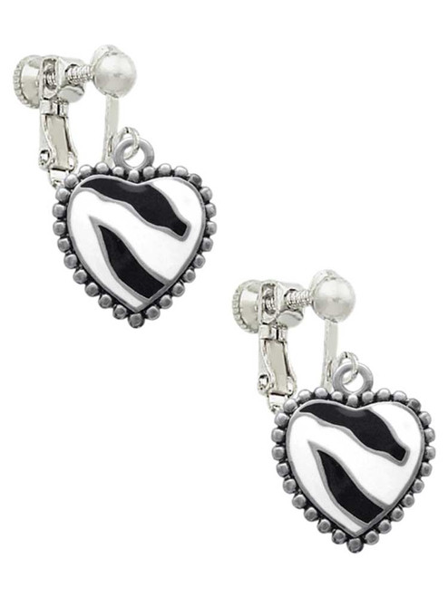 Enamel Zebra Print Heart Clip On Earrings