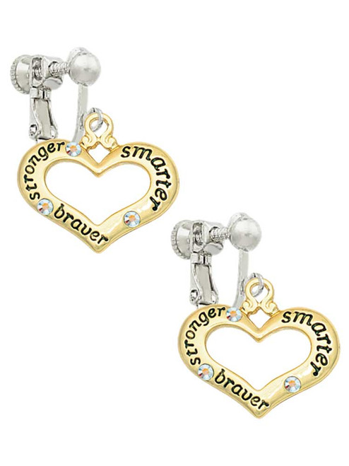 Gold Tone Heart with 3 AB Crystals - Stronger Braver Smarter Clip On Earrings
