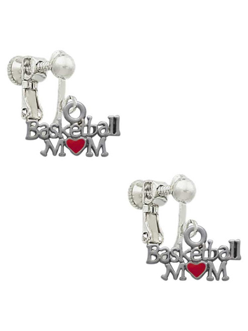 Basketball Mom with Red Heart Clip On Earrings