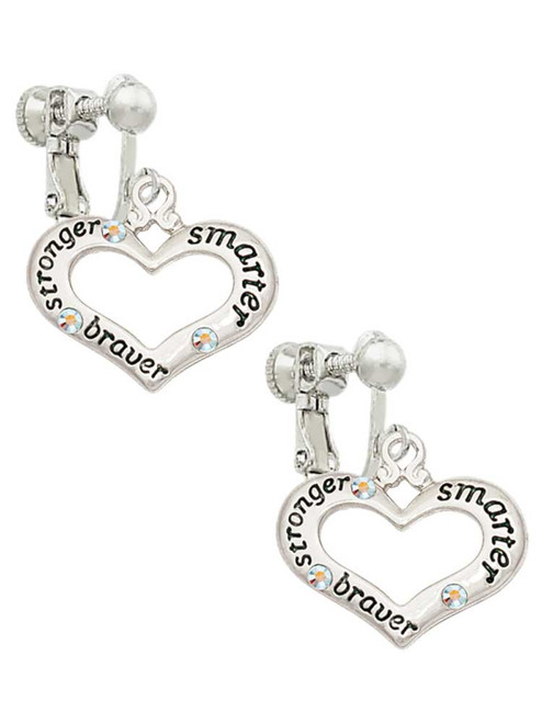 Heart with 3 AB Crystals - Stronger Braver Smarter Clip On Earrings
