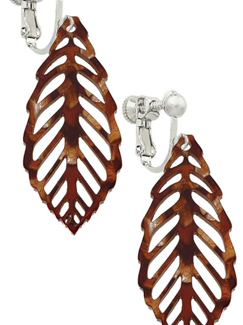 Acrylic Large Leaf Pearly Brown Clip On Earrings