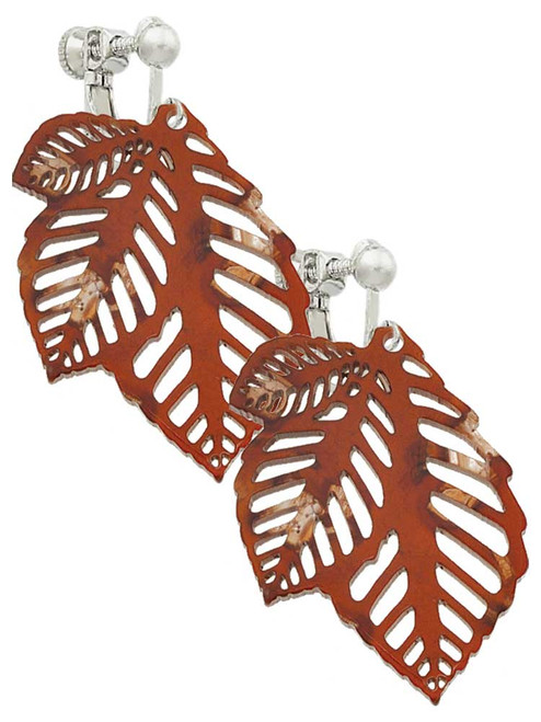 Acrylic Medium Triple Leaf Pearly Brown Clip On Earrings