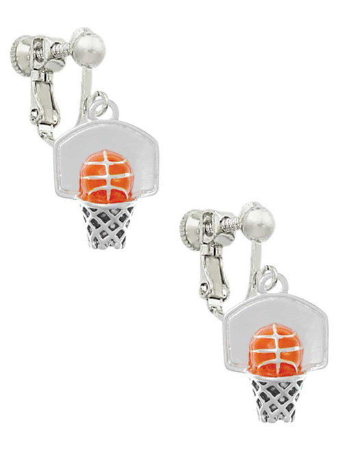 3-D Enamel Basketball in Hoop Clip On Earrings
