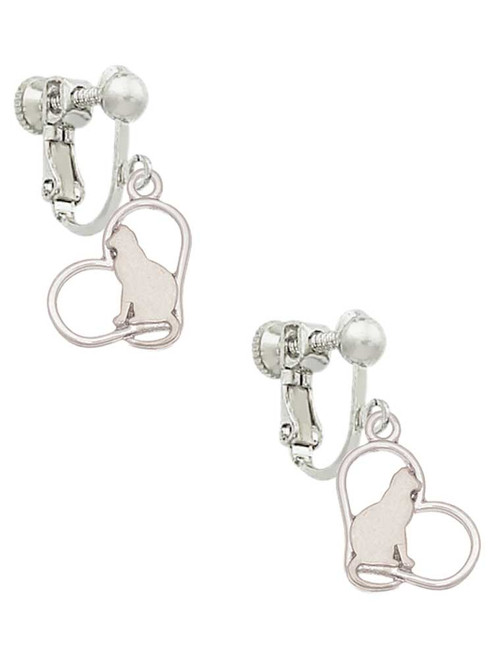 Cat Silhouette Heart Clip On Earrings