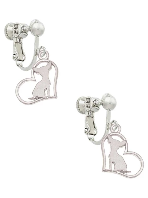 Chihuahua Silhouette Heart Clip On Earrings