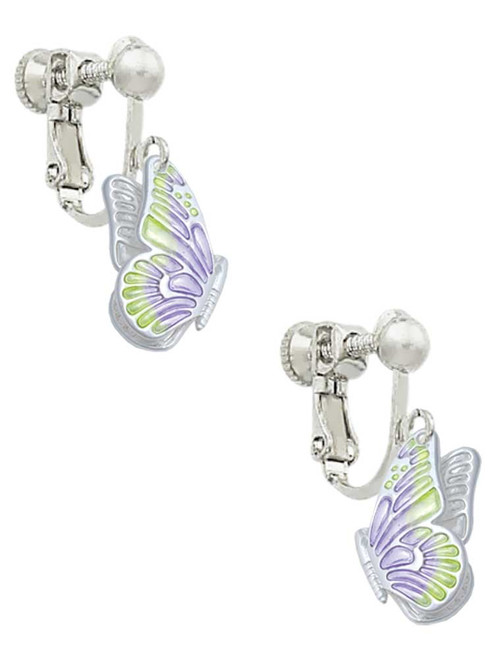 Translucent Purple & Lime Green Flying Butterfly Clip On Earrings