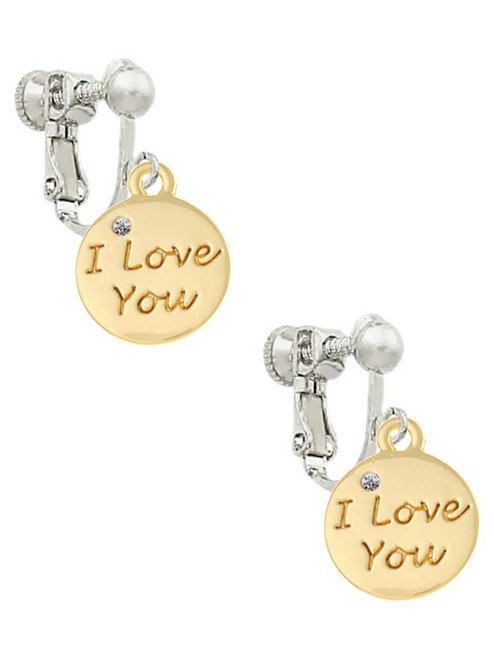 Gold Tone I Love You Disc Clip On Earrings