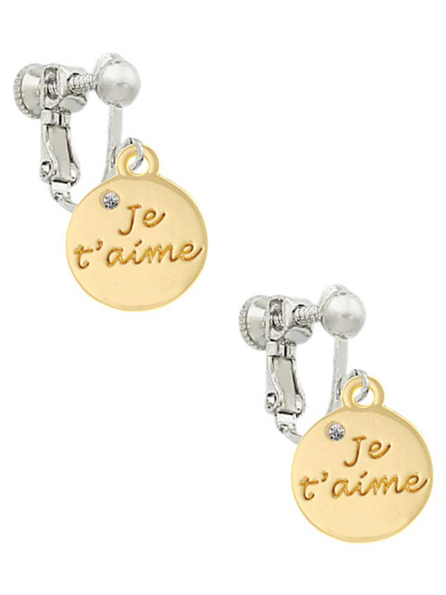 Gold Tone Je T'aime Disc Clip On Earrings