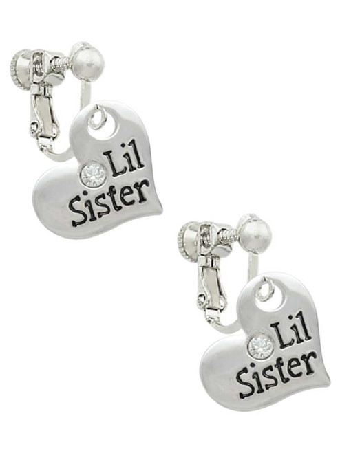 Large ''Lil Sister'' Heart with Clear Crystal Clip On Earrings