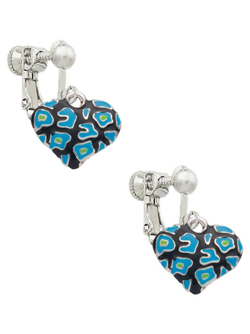Hot Blue Cheetah Print Heart Clip On Earrings