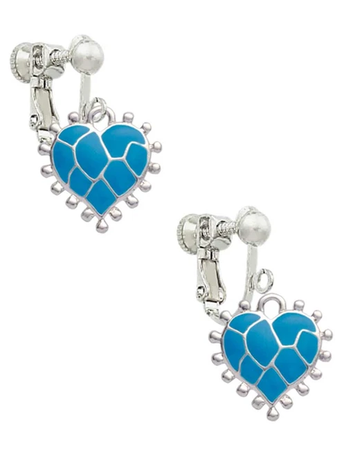 Hot Blue Giraffe Print Heart Clip On Earrings