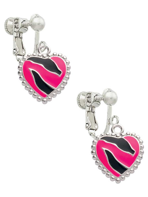 Hot Pink Zebra Print Heart Clip On Earrings