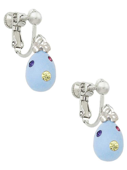 Light Blue Easter Egg with Multicolored Crystal Dots Clip On Earrings
