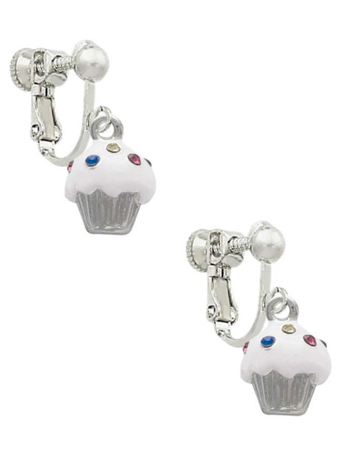 Small White Cupcake with Crystal Sprinkles Clip On Earrings