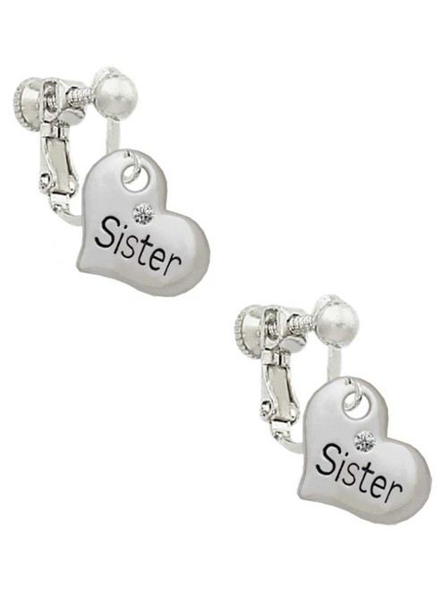 Small ''Sister'' Heart with Clear Crystal Clip On Earrings