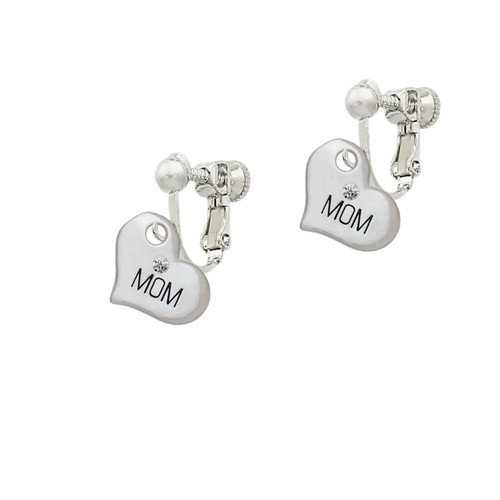 Small ''Mom'' Heart with Clear Crystal Clip On Earrings