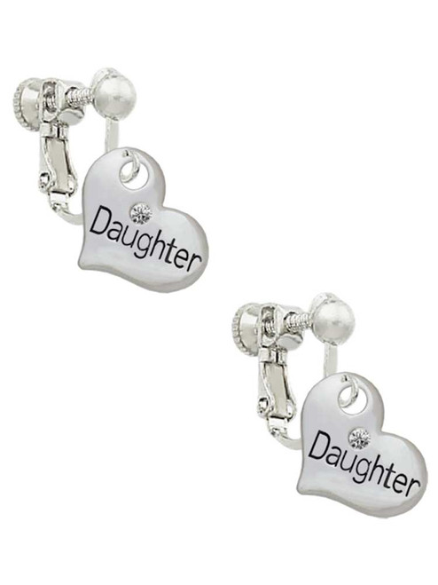 Small ''Daughter'' Heart with Clear Crystal Clip On Earrings