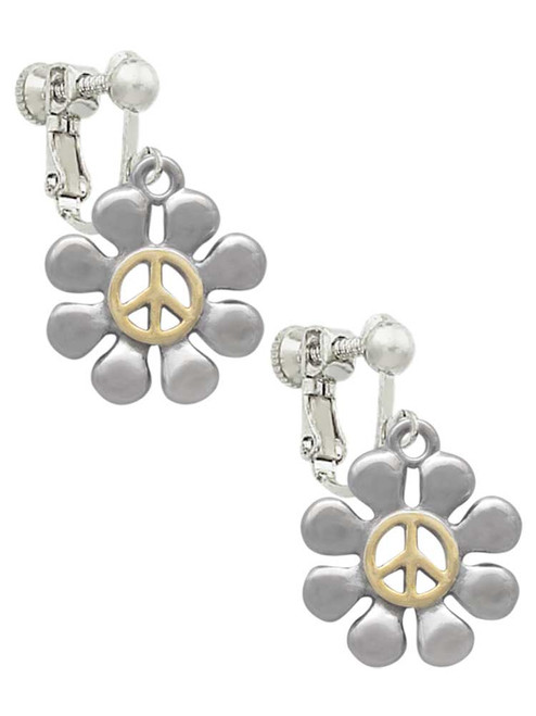 Large Daisy with Gold Tone Peace Sign Clip On Earrings