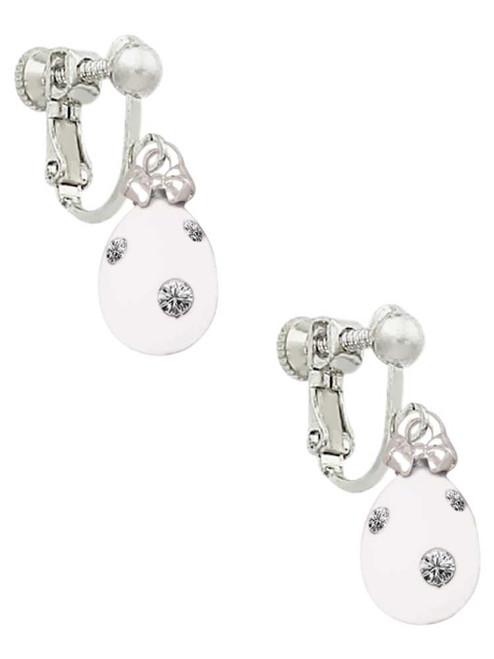 White Easter Egg with Clear Crystal Dots Clip On Earrings