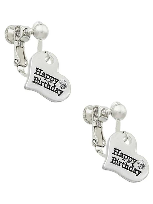 Small Happy Birthday Heart Clip On Earrings