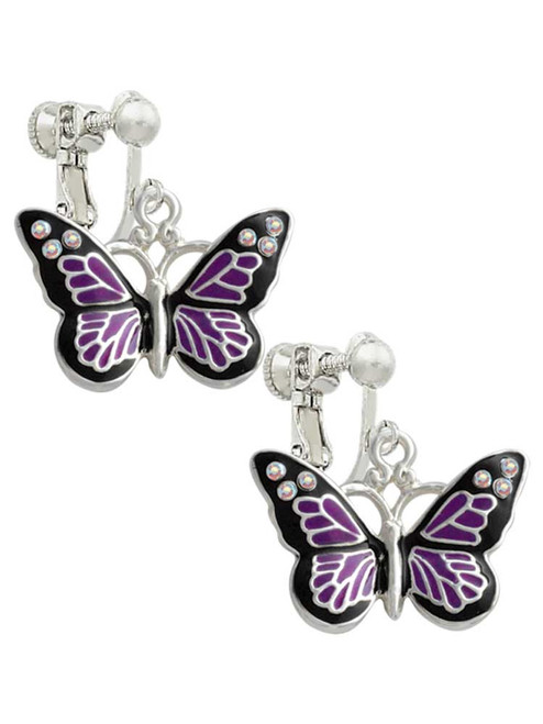 Large Purple Butterfly with 6 AB Crystals Clip On Earrings