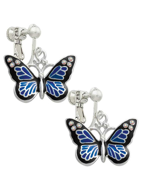 Large Blue Butterfly with 6 AB Crystals Clip On Earrings