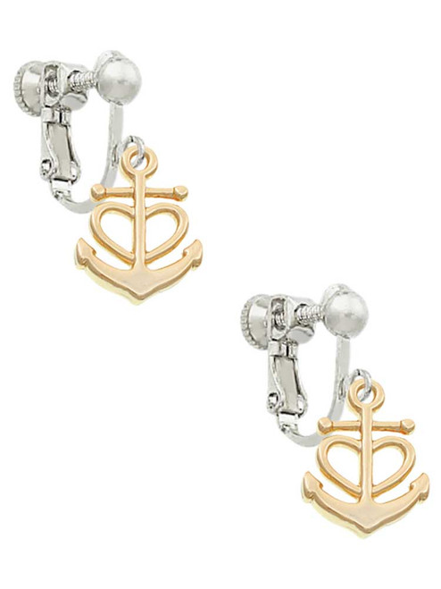 Gold Tone Anchor with Heart Clip On Earrings