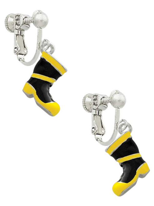Black and Yellow Firefighter Boot Clip On Earrings