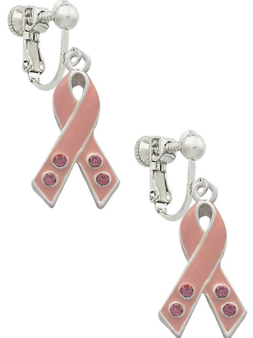Large Pink Ribbon with Crystals Clip On Earrings
