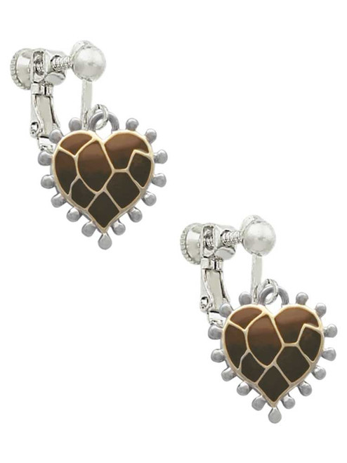 Two Tone Enamel Giraffe Print Heart Clip On Earrings