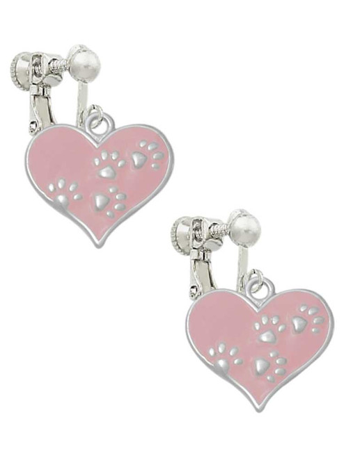 Pink Enamel Heart with Paw Prints Clip On Earrings
