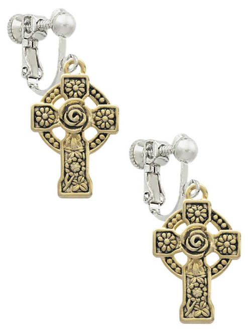 Large Gold Tone Celtic Cross Clip On Earrings