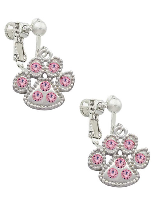 Large Paw with Light Pink Crystals Clip On Earrings