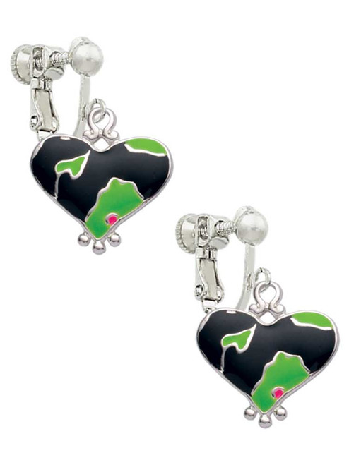 Lime Green Large Cheetah Print Heart Clip On Earrings