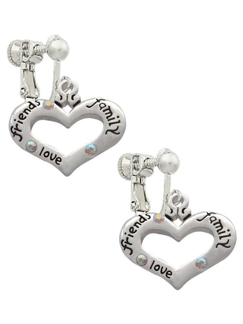 Heart with 3 AB Crystals - Friends Family Love Clip On Earrings