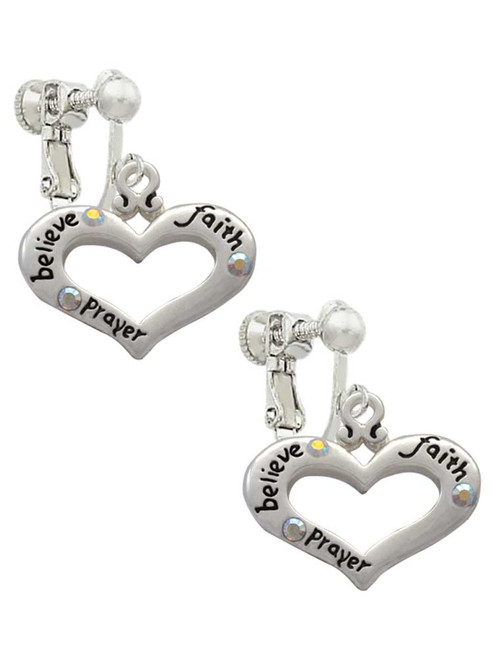 Heart with 3 AB Crystals - Believe Faith Prayer Clip On Earrings