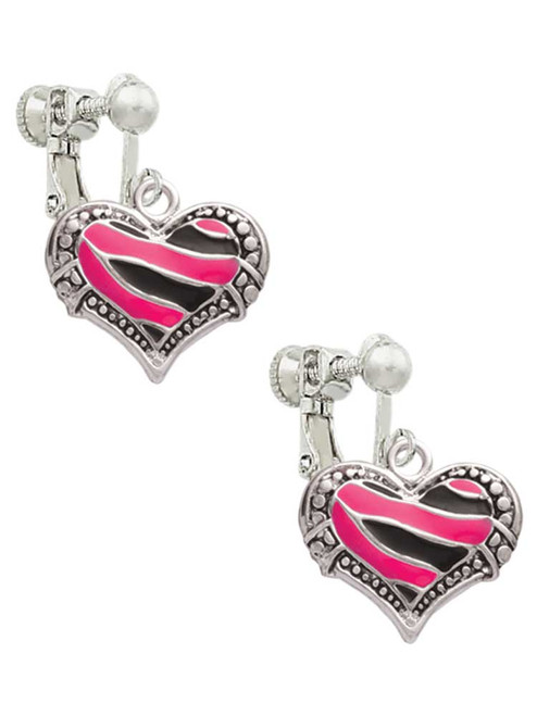 Hot Pink Tiger Print Heart Clip On Earrings