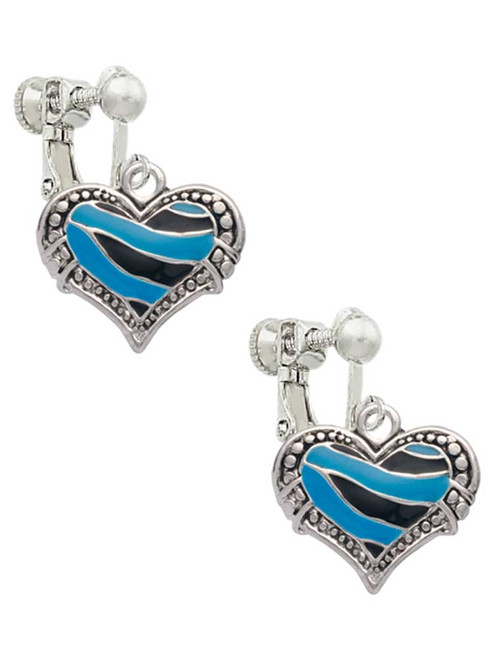 Hot Blue Tiger Print Heart Clip On Earrings