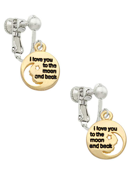 Small Gold Tone I Love You to the Moon Clip On Earrings
